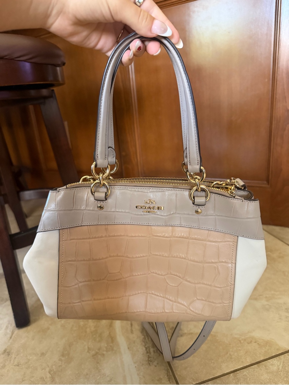 Coach Croc-Embossed Leather Satchel in Beige, Taupe & Cream